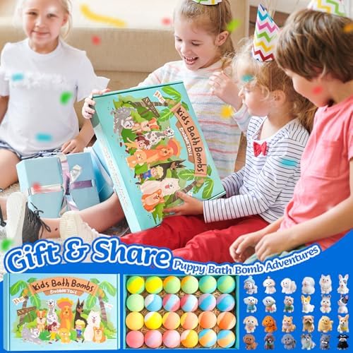 24 Pack Puppy Bath Bombs for Kids – Each with Surprise Puppy Figurine Inside, 12 Unique Scents, Bath Bombs with Toys, Gentle on Skin, Birthday Party Favors & Summer Gifts for Boys and Girls