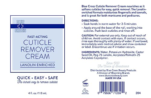 Blue Cross Cuticle Remover Cream for Dry Damaged Cuticles, Moisturizing Cuticle Softener for Nails, Professional Nail Care for Dry Manicures, Brittle Hang Nails, Made in USA, 4oz