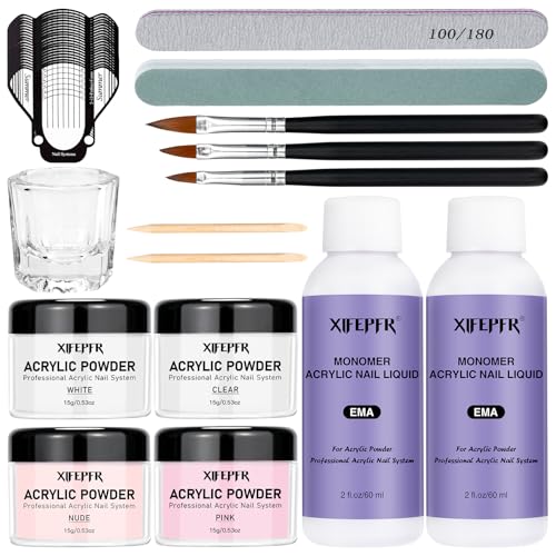Acrylic Nail Kit - Clear Pink White Nude Powder & Liquid Monomer Set with Brush, Nail Forms, Extension Kit for Beginners with Everything for Home DIY