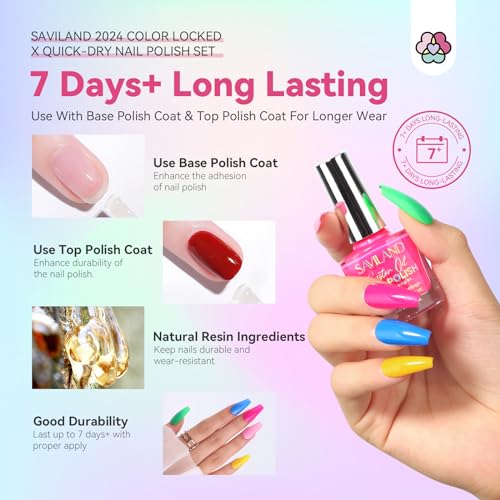 SAVILAND Finger Nail Polish Set for Beginner: 12 Neon Colors Air Quick Dry Nail Polish Summer Glitter Nail Polish Kit Regular Fingernail Polish Non Gel with Base-Top Polish for Toe Manicure Nail Art