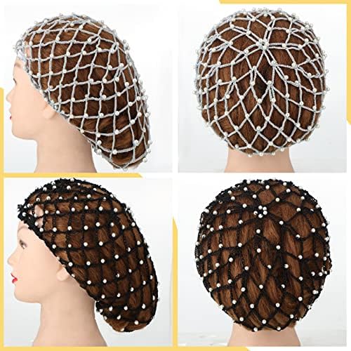 MTLEE 4 Pieces Snoods for Women Hair Net Pearl Crochet Mesh Hairnet Mesh Rayon Knit Hair Wrap Cover for Sleeping
