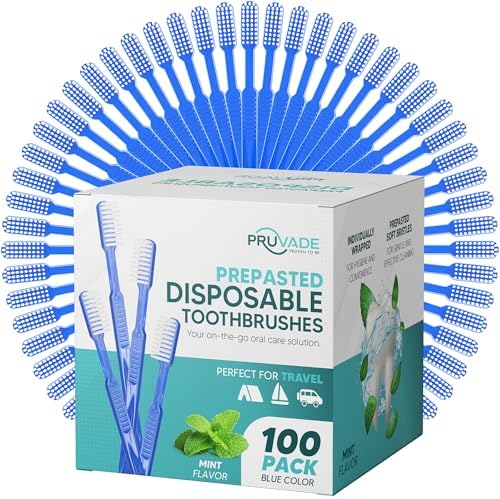 100 Pack Disposable Toothbrushes with Toothpaste Built In | Mint Prepasted Toothbrushes Individually Wrapped - Blue Single Use Waterless Toothbrush with Soft Bristles for Work, Camping, Travel
