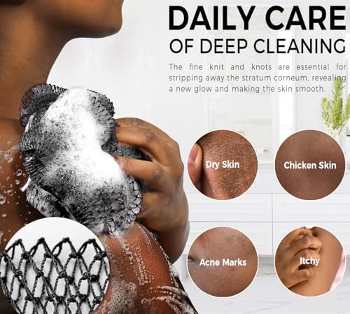 African Exfoliating Net Sponge Black - 2 Pieces Real African Loofah Shower Sponges - Body Scrubber Exfoliating Washcloth Black & Seawave - Africa Bath Sponges for Back Scrubber Shower Accessories