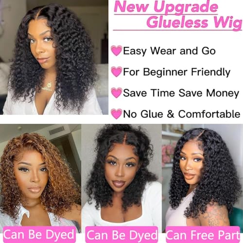 Wear and Go Glueless Wigs Human Hair Pre Plucked Pre Cut Deep Wave Curly Bob Wig Human Hair Lace Front Wigs for Black Women 4x4 Lace Closure Human Hair Bob Wigs Glueless 10 Inch