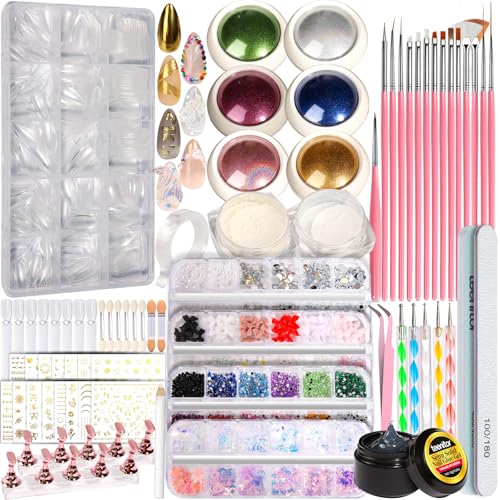Teenitor Acrylic Nail Kit With Chrome Powder, Almond Tips, Art Brushes, Charms, 3D Gel, Tools, Stand - Beginner Set