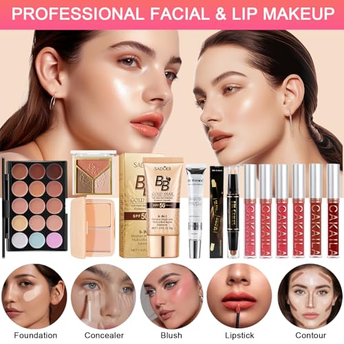 All in One Makeup Kit, Makeup Kit for Women Full Kit, Travel Make Up Gift Set for Women, Teens & Girls, Includes Eyeshadow Lipstick Eyeliner Eyebrow Pencil Brush Set, Beginners and Professionals Alike