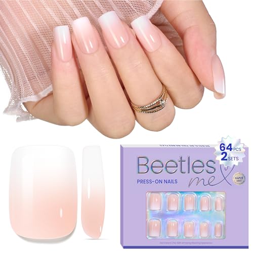Beetles Ombre Tips Press On Nails, 16 Sizes 64 Pcs Short Pink Ombre Fake Nails, Short Square Press On Nails Extensions Gel Nail Tips Nail Art DIY Manicure Gifts for Women