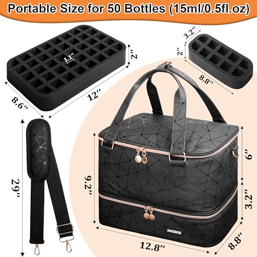 Nail Polish Organizer Bag Holds Nail Lamp& 50 Bottles (15ml/0.5fl.oz), PU Leather Nail Supplies Organizer Case with Shoulder& Holder Strap, Travel Nail Kit Storage for Manicure Tools (Black)