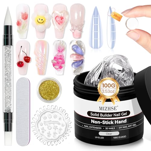 MIZHSE 100g Solid Builder Gel for Nails, Large Capacity Clear 3D Sculpting Gel for Nails, Non-sticky Hand Building Carving Modeling Hard Nail Extension with Silicone 3D Mold Nail Art Salon