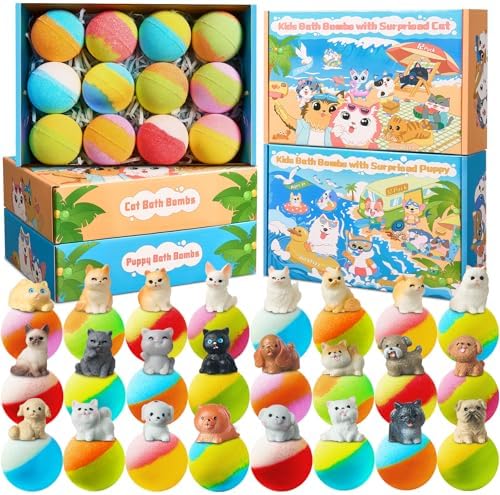 Bath Bombs for Kids with Surprise Inside, 24 Pack Kids BathBombs with Puppy & Cat Toys, Child-Safe Natural Bath Bombs with Toys Inside for Girls and Boys, Birthday Party Favors