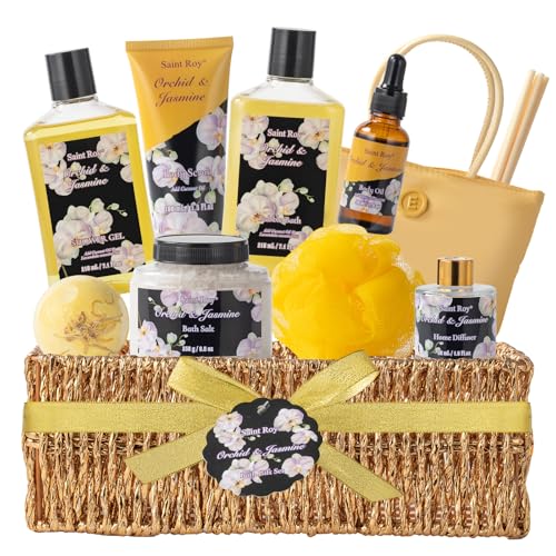 Mother's Day Gift for Mom Bath and Body Gift Basket Orchid & Jasmine Spa Gift Baskets for Women Fragrant Body Lotions, Bath Bomb, Home Spa Gift Basket Rich in Jojoba oil & Shea Butter, Bath Kit Sets