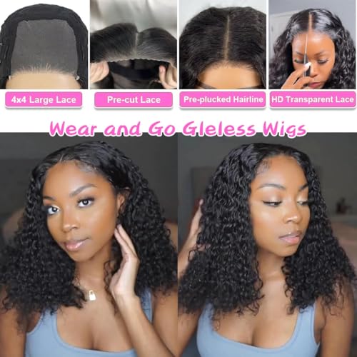 Wear and Go Glueless Wigs Human Hair Pre Plucked Pre Cut Deep Wave Curly Bob Wig Human Hair Lace Front Wigs for Black Women 4x4 Lace Closure Human Hair Bob Wigs Glueless 10 Inch