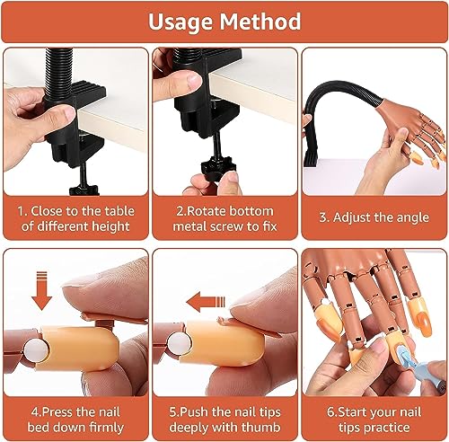 Practice Hand for Acrylic Nails,100 Pcs Nail Tips Flexible Training Hand Professional Nail Art Hand Tools Adjustable False Finger Nails for DIY Nail Manicure