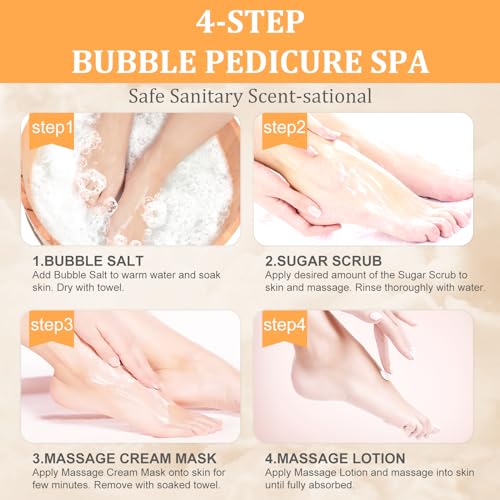 Pedicure Kit Foot Soak Set: Bubble Salt, Sugar Scrub, Massage Mask, Massage Lotion in a Box, 4 Step Foot Spa Kit for Dry Feet,Tired Feet（3 Set Tropical Fruit)