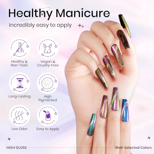 12 Colors Cat Eye Gel Polish with Magnetic Stick, Chameleon Magnetic Gel Polish Kit Trible Colors Effect Galaxy Cateyes Nail Polish Gel Collection Home DIY Manicure for Women Girl