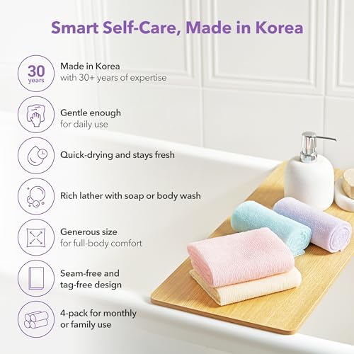 Korean Exfoliating Washcloths [4 Pack] – Daily Body Scrubber Towels for Shower, Back & Full-Body Use – Quick-Drying Bath Cloth for Glowing Skin