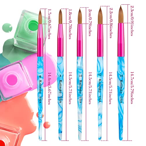5 Pieces Kolinsky Nail Brush Set - Acrylic Application Brushes With Crimped Shaped Handle for Nail Art Manicure - Sizes 6, 8, 10, 12, 14 (Pink, Blue and White)