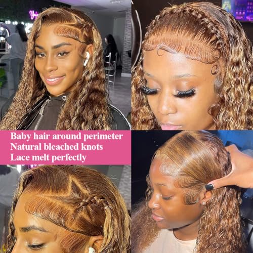 30 Inch Ombre Deep Wave Lace Front Wigs Human Hair Pre Plucked Highlight Honey Blonde Deep Curly Wig Human Hair 200% Density 4/27 Colored Glueless HD Lace Frontal Wigs for Women