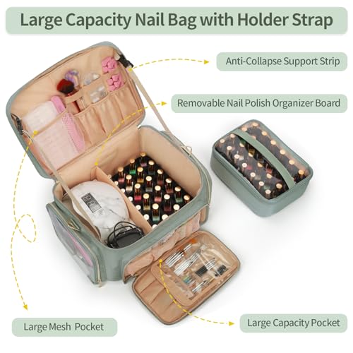 Nail Polish Organizer, Nail Polish Storage Holds 50-70 Bottles & Nail Lamp, Portable Travel Nail Kit Storage Carrying Case Fits Nail Suppiles, Gift for Manicurist, Grils (Green)
