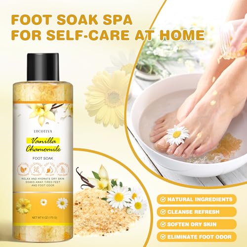 LUCOTIYA Foot Soak Set Pedicure Kit, Vanilla chamomile Foot Soak Salts,Foot File,Foot Scrub & Urea Foot Cream,Pedicure Supplies for Dry Cracked Feet for Women