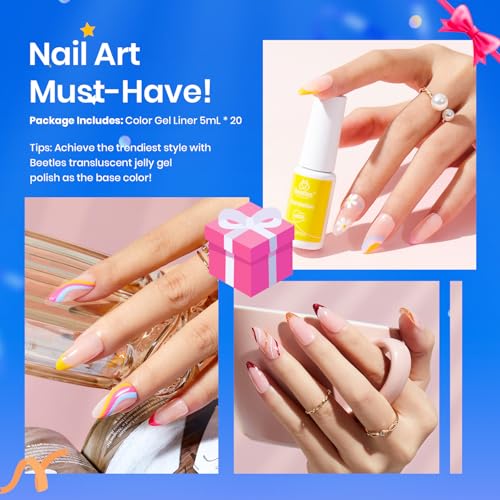 beetles Gel Polish Nail Art Gel Liner Nail Polish Set- 20 Colors Liner Gel Polish Pink Blue White Red Brown Glitter Gel Nail polish Soak Off UV Gel Built Thin Nail Brush in Bottle Gifts for Women