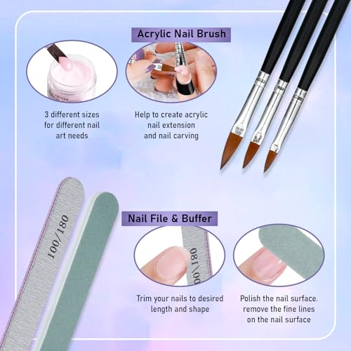 Acrylic Nail Kit - Clear Pink White Nude Powder & Liquid Monomer Set with Brush, Nail Forms, Extension Kit for Beginners with Everything for Home DIY