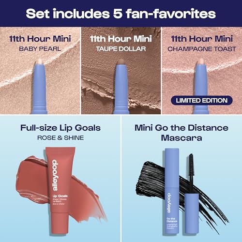 ALLEYOOP Everyday 5-Piece Essentials Kit - Makeup Set Includes 11th Hour Mini Eyeshadow Stick, Lip Goals Glossy Lip Balm & Mini Go To The Distance Mascara - Vegan & Cruelty-Free