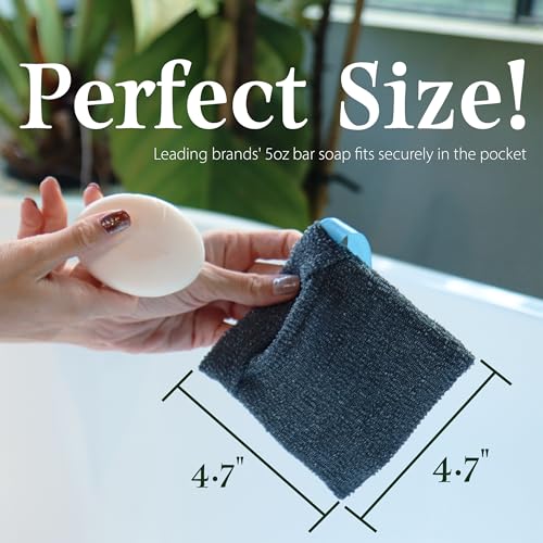 myHomeBody Soap Pocket Squares Exfoliating Pouch, Body Scrubber, Exfoliator Sponge for Bath or Shower, or Leftover Bits Saver, Graphite Gray, 3 Pack + 2 Lift Pads