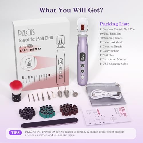 PELCAS Electric Nail Drills, 10 Speeds Cordless Nail File with LED Light, Portable Manicure & Pedicure Kit, Nail Grinder with LCD Screen for Human, Pet, Thick Toenails, Natural & Acrylic Nails Purple
