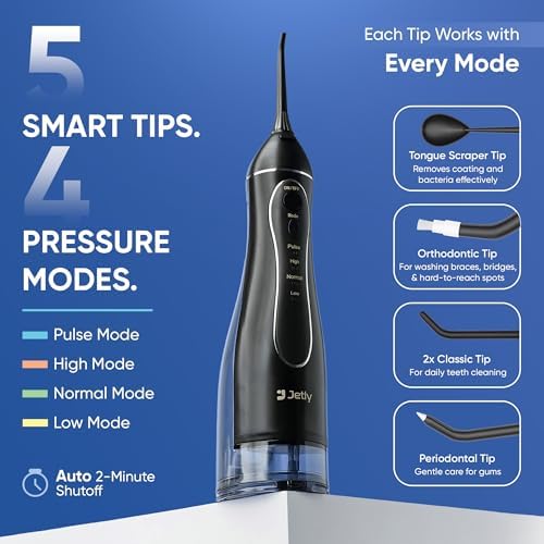 JETLY Water Dental Flosser Teeth Pick Cleaner: Travel Cordless Oral Irrigator 300ML Capacity Portable Rechargeable IPX7 Waterproof Electric Flossing Machine for Teeth Cleaning (Black)