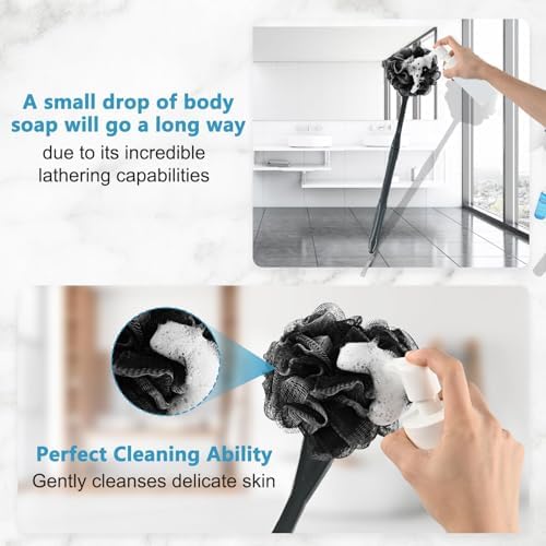 Loofah with Handle, 20.5'' Replaceable Shower Loofah to Improve Skin Health, Body Scrubber, for Women and Men with String for Easy Hanging（Dark Black）