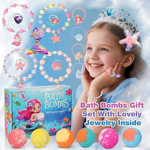 Girls Bath Bombs with Toys Inside for Kids, 12 Pcs Natural Mermaid Princess Bubble Bath Bomb with Jewelry Surprise Inside, Christmas Easter Basket Stuffer Valentines Day Birthday Gift Set