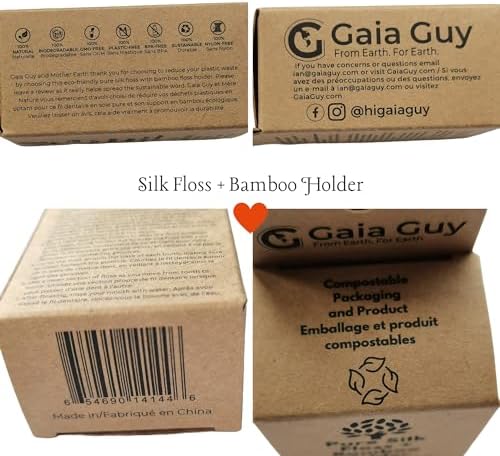 Gaia Guy Natural Unflavored Silk Dental Floss with Floss Refill & Reusable Bamboo Holder | 2 x 33yds Compostable Pure Silk Waxed with Candelilla Wax | Plastic-Free Packaging