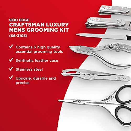 Seki Edge Craftsman Luxury Men's Grooming Set (SS-3103) - 6 Piece Premium Manicure & Pedicure Kit with Clippers, Nipper, Scissors, File, Tweezers in Travel Case