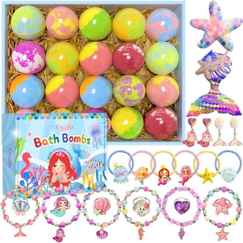 Bath Bombs for Girls Kids with Surprise Inside, 20 Pcs Fun Princess Fizzy Bath Bomb with Jewelry Toys, Mermaid Gifts for Daughter Granddaughter Niece, Girls Gift Set for Birthday Christmas