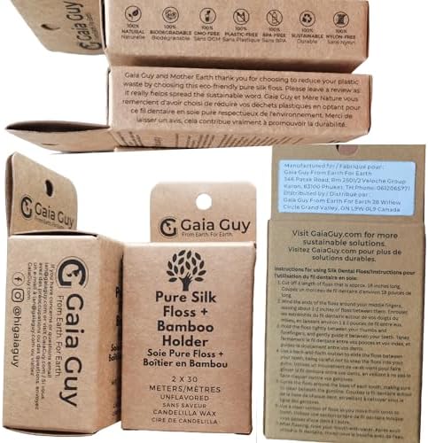 Gaia Guy Natural Unflavored Silk Dental Floss with Floss Refill & Reusable Bamboo Holder | 2 x 33yds Compostable Pure Silk Waxed with Candelilla Wax | Plastic-Free Packaging