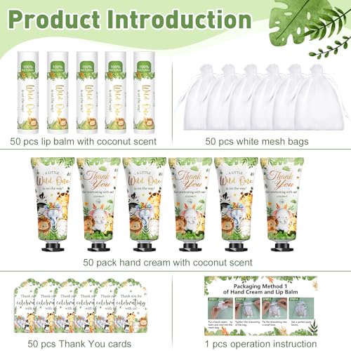 50 Pack Bulk Hand Cream and Bulk Lip Balm Gifts Sets, Baby Shower Favors and Bridal Shower Favors for Guests with Thank You Card and Organza Gift Bags, Birthday Gifts, Appreciation Gifts (Animal)