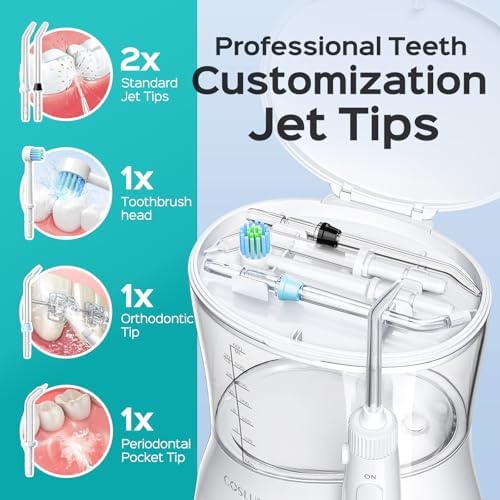 COSLUS Professional Water Flosser for Teeth: 12 Pressure Settings Electric Dental Pick for Tooth Cleaning, Sensitive Gums, Braces, Oral Care - Home Use, 4 Jet Tips for Multiple Users, Family, White