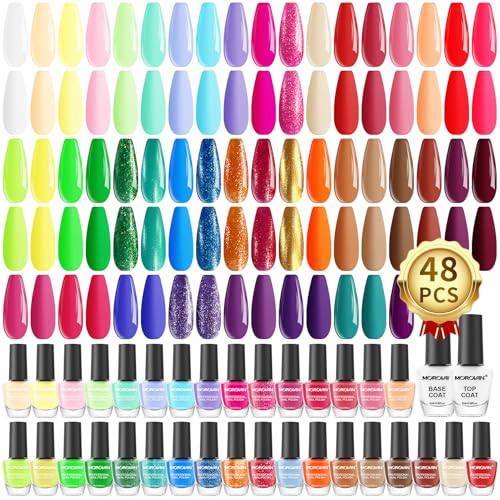 Morovan Nail Polish Set Fingernail: 48PC Air Quick Dry Nail Polish Kit with 2PC Base Top Coat Regular Nail Polish Pack Finger Nail Polish Bulk Gift for Women Girls
