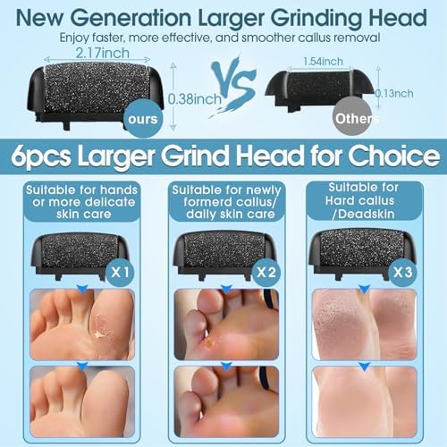 Electric Foot File Callus Remover for Feet - 6pcs Larger Grinding Head&3Speed, Pedicure Kit Foot Scrubber Deadskin Callus Remover, Foot Care Kit Pedicure Tools for Dead Skin Callus Hardskin Dry Cracks