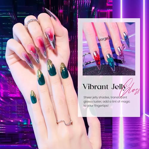 beetles Gel Polish 6 Colors Jelly Gel Nail Polish, Pink Red Black Blue Green Purple Sheer Jelly Gel Polish Translucent Effect Nail Concealer Spring Summer Gel Soak Off UV Manicure Gift for Women