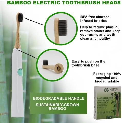 Bamboo Electric Toothbrush Replacement Heads - Compatible with Philips Sonicare Toothbrush - Soft Bristle Natural Electric Bamboo Toothbrush Heads Refill - (Pack of 4) by Pure Earth Essentials