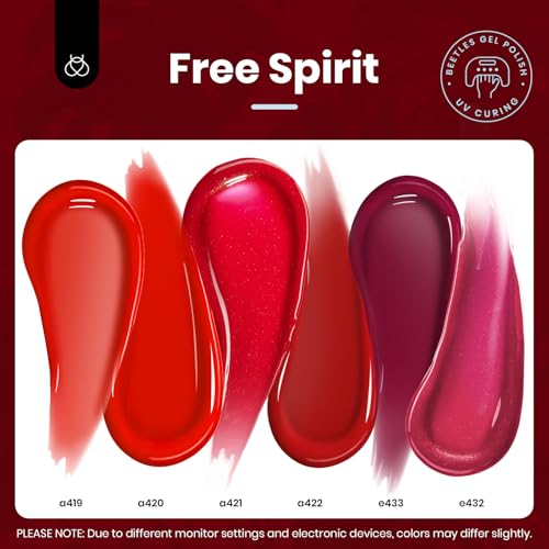 Beetles Red Gel Nail Polish Set-15ML 6 Colors Shimmer Bloody Red Burgundy Gel Polish Kit Soak Off UV Full Size Nail Polish Nail Art Salon Design DIY Gift for Women Colorful Bottle