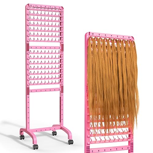 Adjustable Braiding Rack 280 Pegs, 2-Sided Braiding Hair Rack, Hair Racks for Braiders Standing with Wheels, Pink Hair Separator Braid Rack for Braiders Standing for Stylists