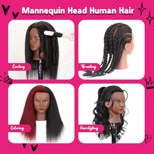 Mannequin Head with Human Hair 16" Cosmetology Manikin Doll Head 100% Real Human Hair for Styling Hairdresser Practice Braiding with Free Clamp Holder