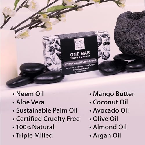ONE Bar Stimulating Sandalwood 3.5 oz 3 Pack - All in One Shave, Shower, Shampoo for face, beard, body, hair/scalp. SuperFAT “oil” Infused: Avocado, Mango, Olive, Coconut, Argan Oil, Moisturizing.