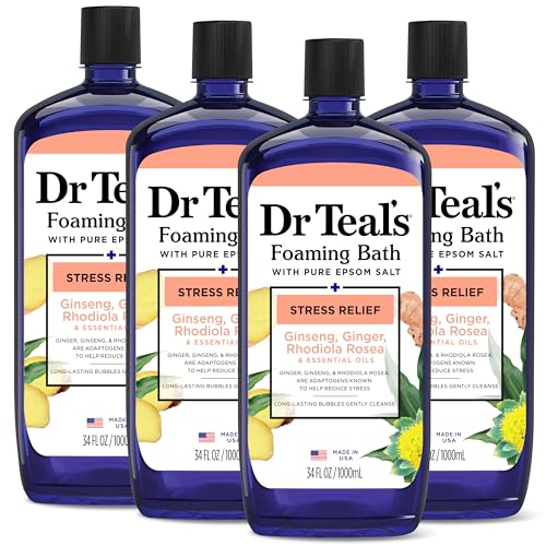 Dr Teal's Foaming Bath with Pure Epsom Salt, Stress Relief with Ginseng & Ginger, 34 fl oz (Pack of 4)