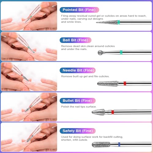 25Pcs Nail Drill Bits Set, 3/32 Inch Tungsten Ceramic Diamond Carbide Nail Drill Bits for Acrylic Gel Polish, Cuticle Efile Remover for Manicure Pedicure