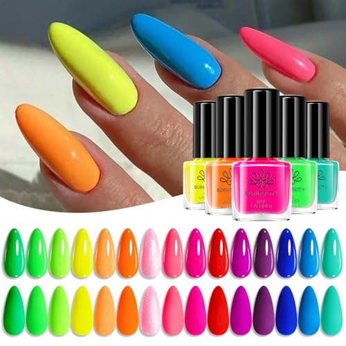 Born Pretty Neon Nail Polish Set, 15 Colors Spring Summer Nail Polish Quick Dry Nail Polish Kit Hot Pink Yellow Green Blue Nail Lacquer Glossy Nail Polish Manicure Set