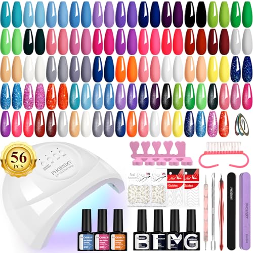 PHOENIXY Gel Nail Polish Kit with U V Light 48W, 56 Pcs 108 Effects Gel Nail Polish Kit Base Matte Glitter Top Coat Manicure Nail Set Gifts for Women